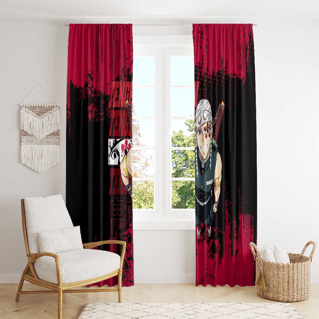 Tengen Uzui Demon Slayer Flashy Red Grunge Design Window Curtain with Eye Detail and Dual Sword Pose - The Mazicc