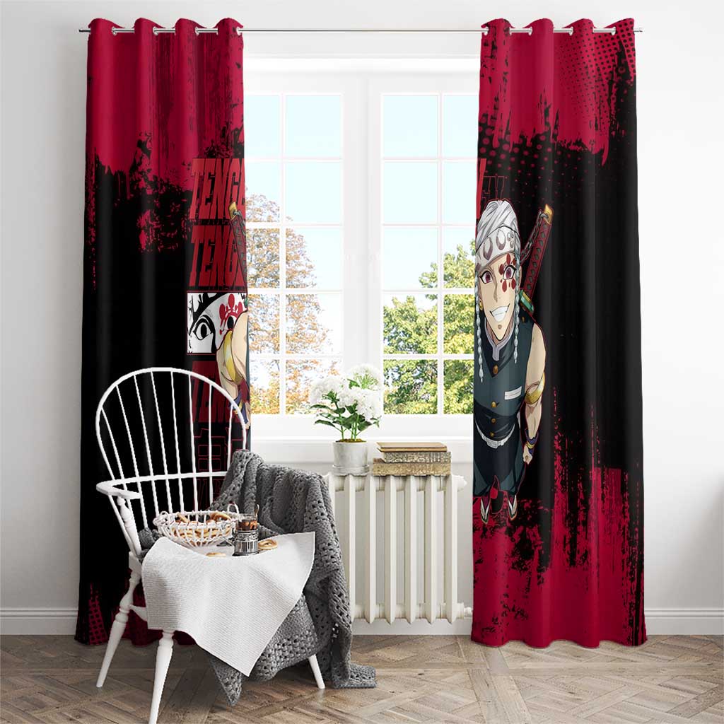 Tengen Uzui Demon Slayer Flashy Red Grunge Design Window Curtain with Eye Detail and Dual Sword Pose - The Mazicc