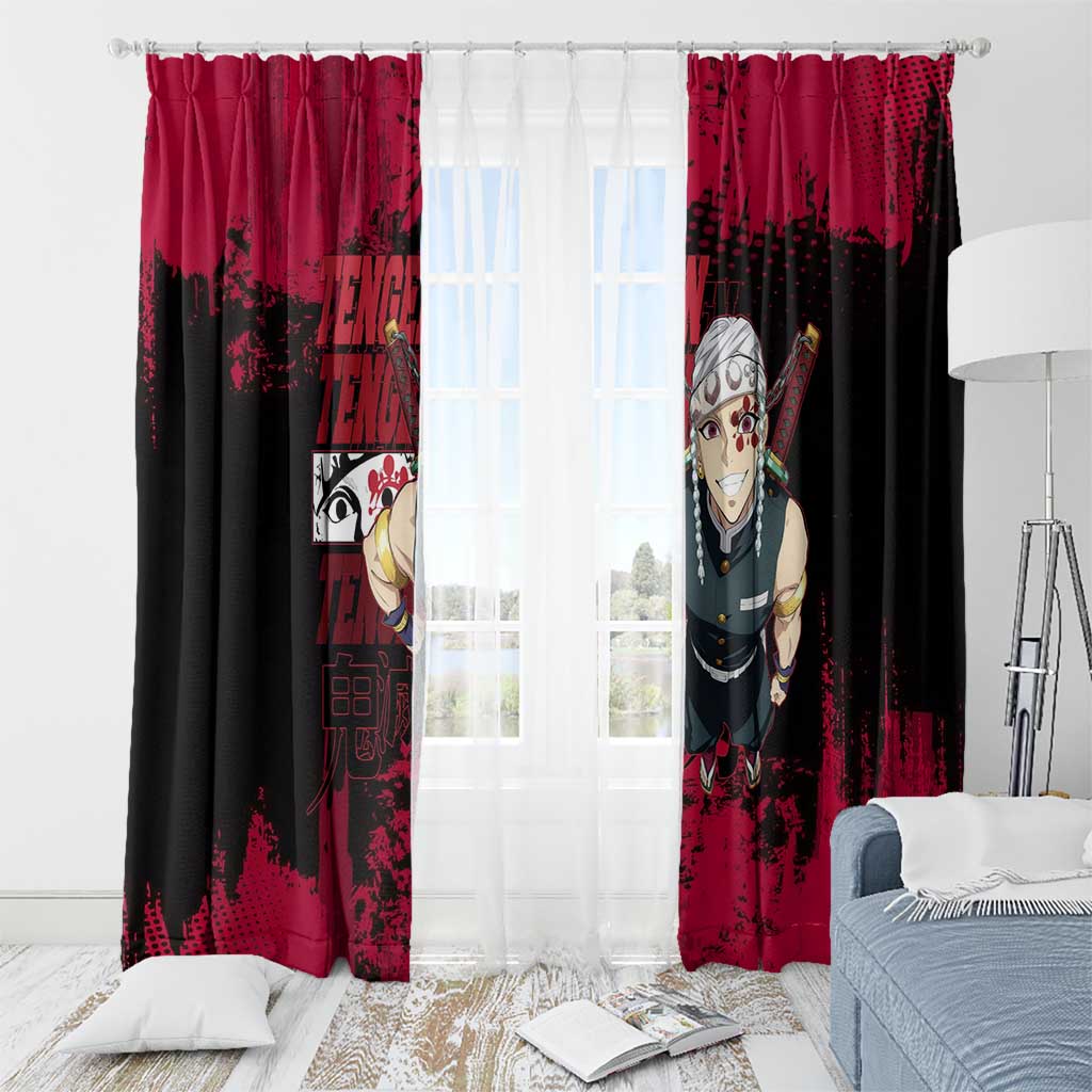 Tengen Uzui Demon Slayer Flashy Red Grunge Design Window Curtain with Eye Detail and Dual Sword Pose - The Mazicc