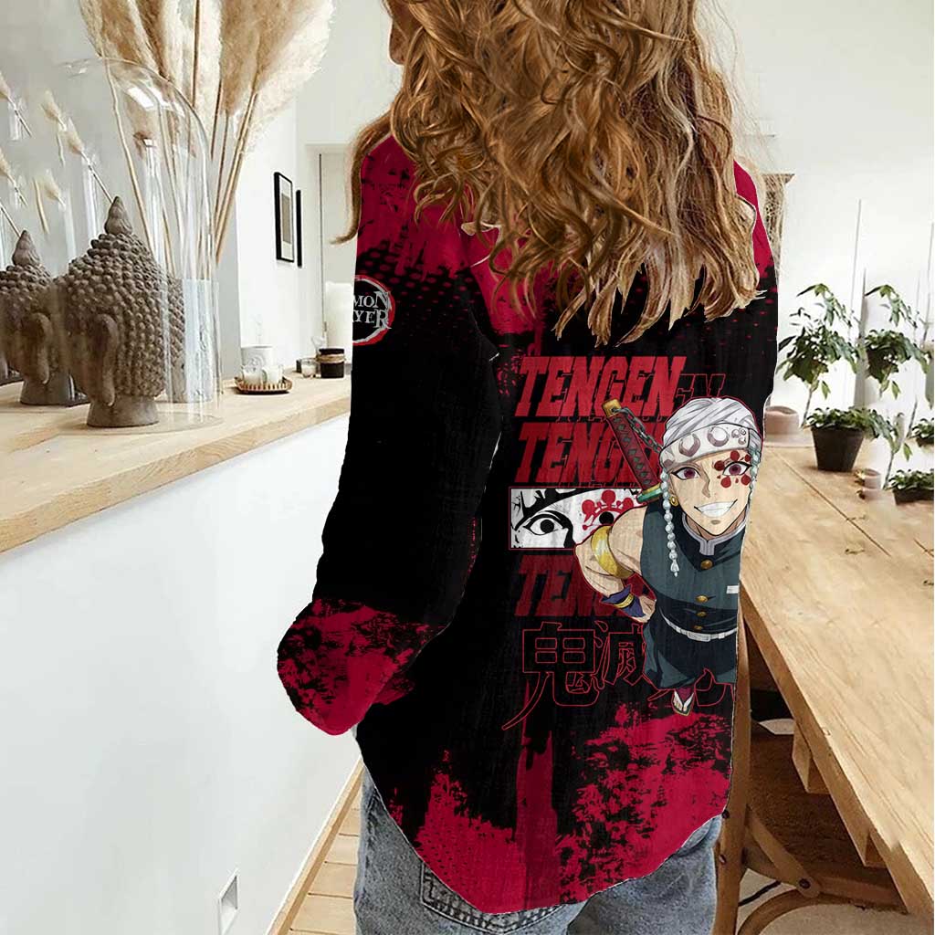 Tengen Uzui Demon Slayer Flashy Red Grunge Design Women Casual Shirt with Eye Detail and Dual Sword Pose - The Mazicc