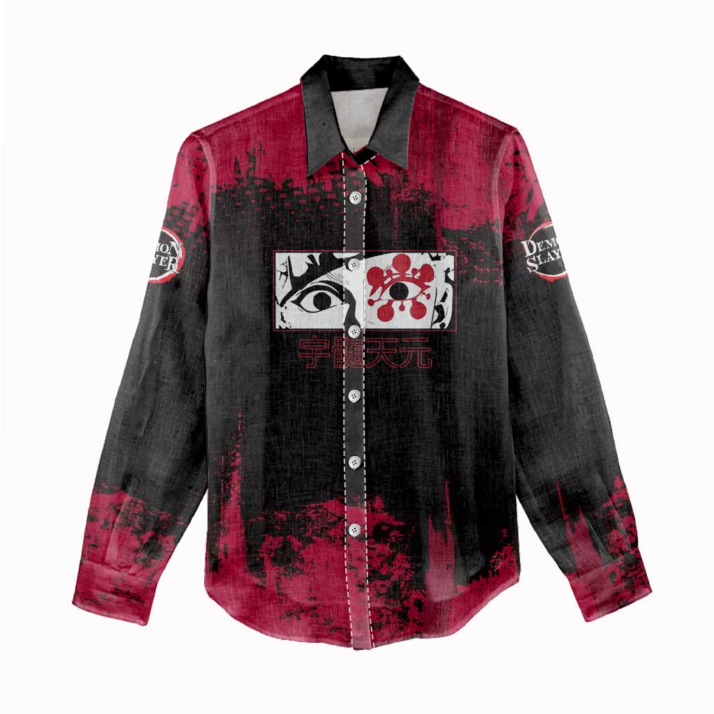 Tengen Uzui Demon Slayer Flashy Red Grunge Design Women Casual Shirt with Eye Detail and Dual Sword Pose - The Mazicc