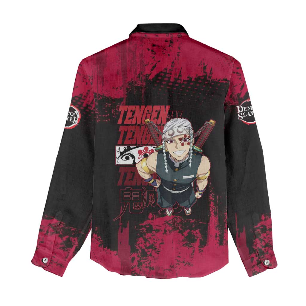 Tengen Uzui Demon Slayer Flashy Red Grunge Design Women Casual Shirt with Eye Detail and Dual Sword Pose - The Mazicc