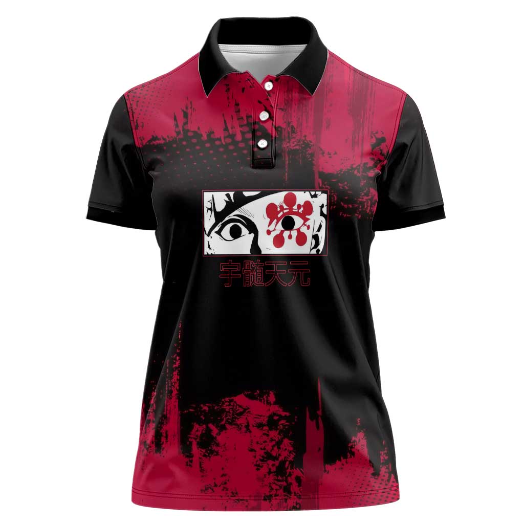 Tengen Uzui Demon Slayer Flashy Red Grunge Design Women Polo Shirt with Eye Detail and Dual Sword Pose - The Mazicc