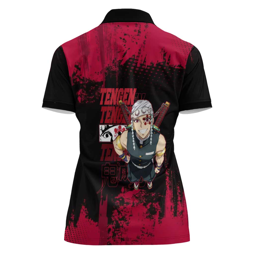 Tengen Uzui Demon Slayer Flashy Red Grunge Design Women Polo Shirt with Eye Detail and Dual Sword Pose - The Mazicc