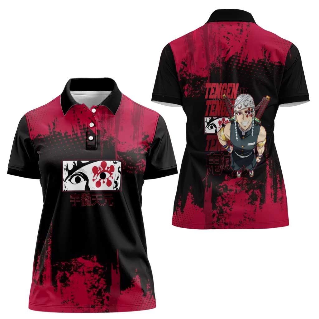 Tengen Uzui Demon Slayer Flashy Red Grunge Design Women Polo Shirt with Eye Detail and Dual Sword Pose - The Mazicc