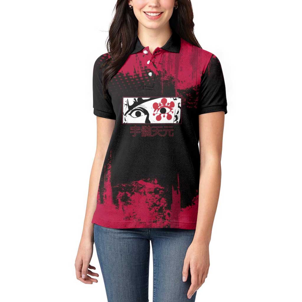 Tengen Uzui Demon Slayer Flashy Red Grunge Design Women Polo Shirt with Eye Detail and Dual Sword Pose - The Mazicc