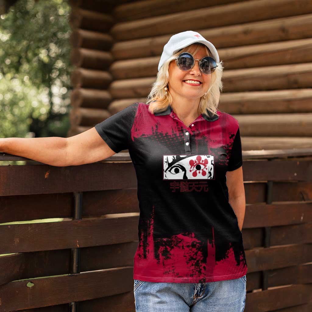 Tengen Uzui Demon Slayer Flashy Red Grunge Design Women Polo Shirt with Eye Detail and Dual Sword Pose - The Mazicc