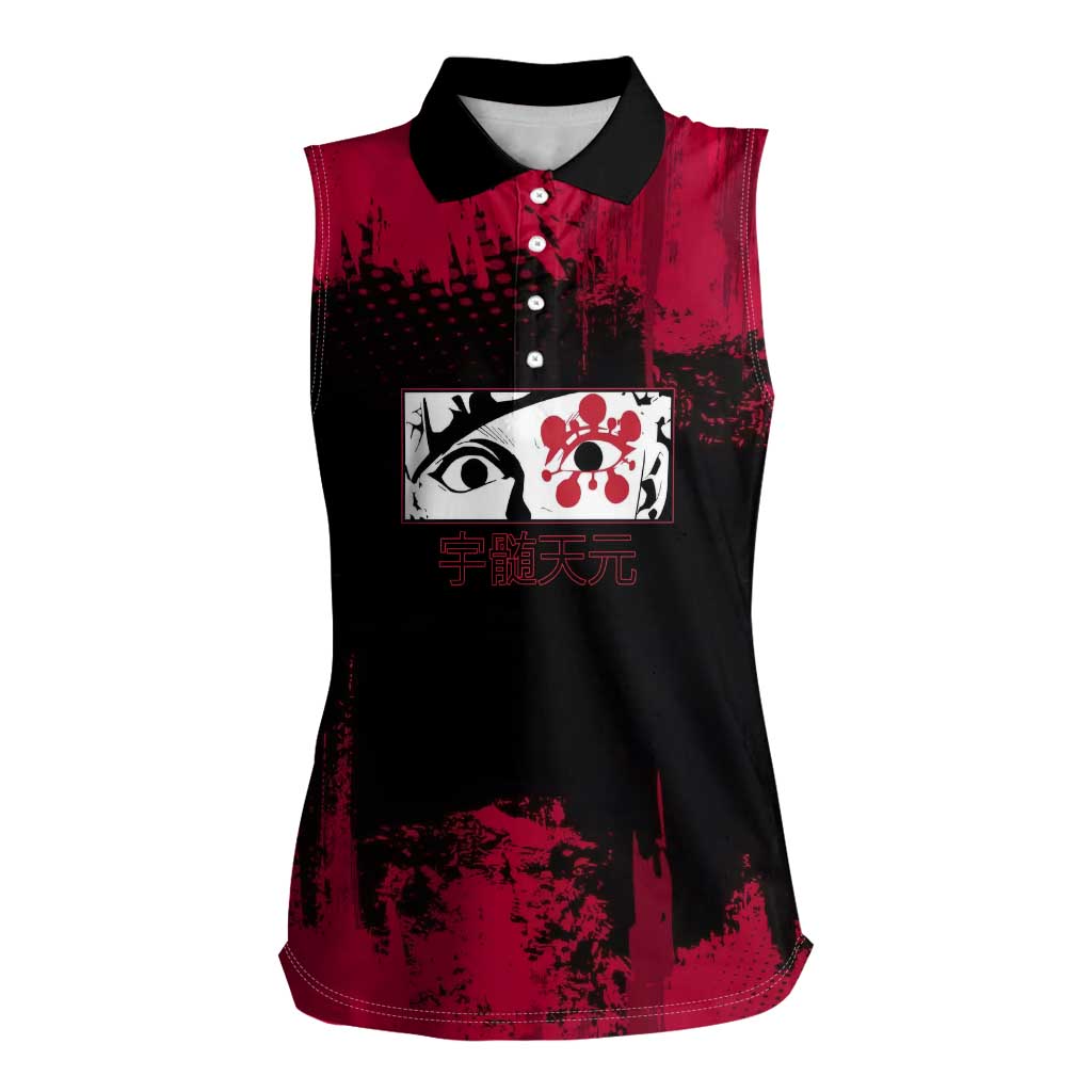 Tengen Uzui Demon Slayer Flashy Red Grunge Design Women Sleeveless Polo Shirt with Eye Detail and Dual Sword Pose - The Mazicc