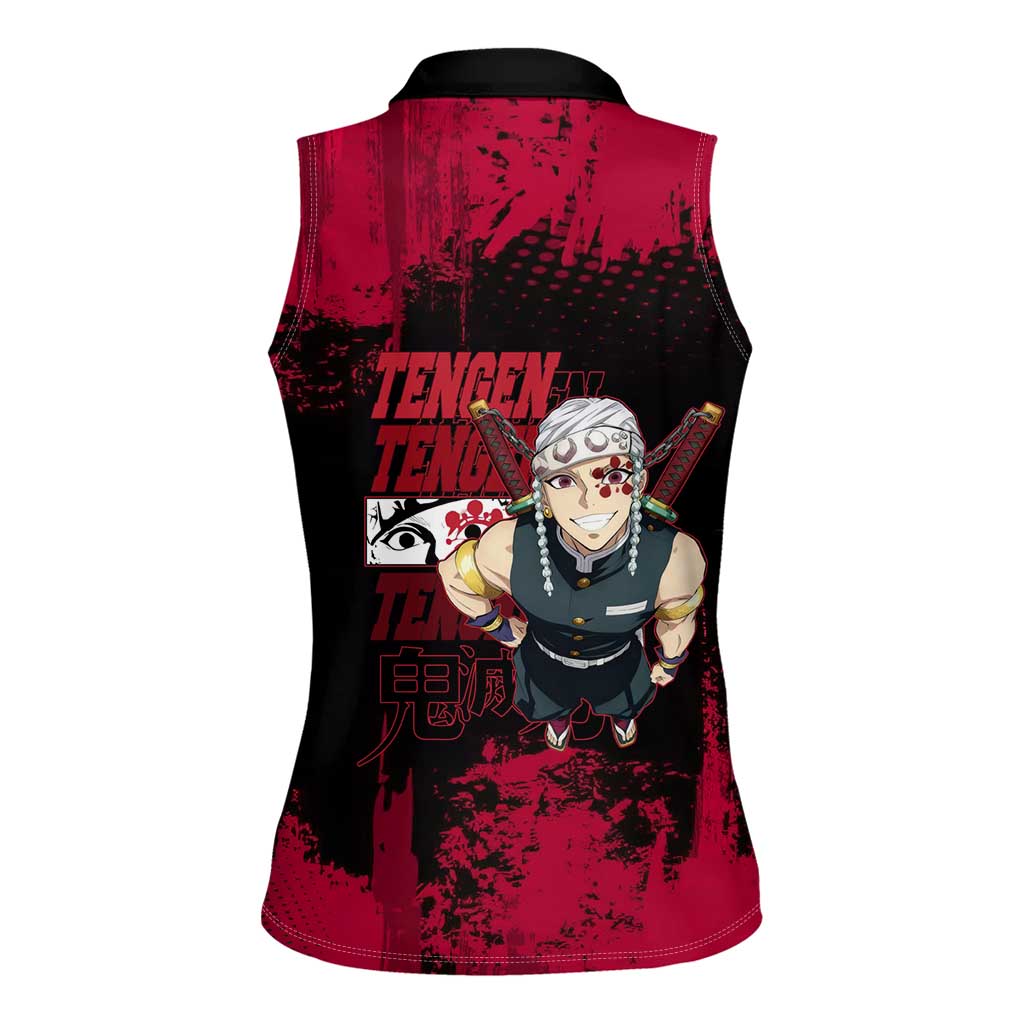 Tengen Uzui Demon Slayer Flashy Red Grunge Design Women Sleeveless Polo Shirt with Eye Detail and Dual Sword Pose - The Mazicc