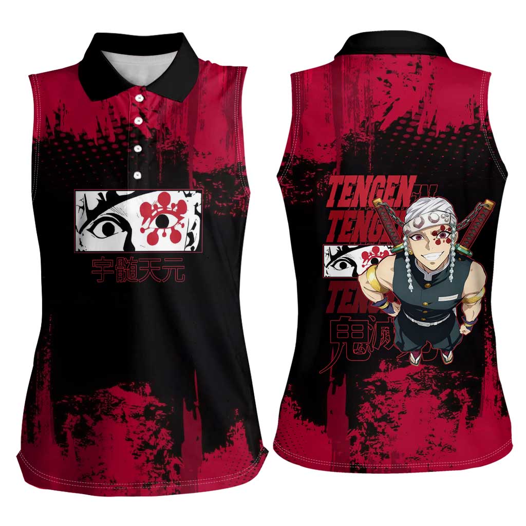 Tengen Uzui Demon Slayer Flashy Red Grunge Design Women Sleeveless Polo Shirt with Eye Detail and Dual Sword Pose - The Mazicc
