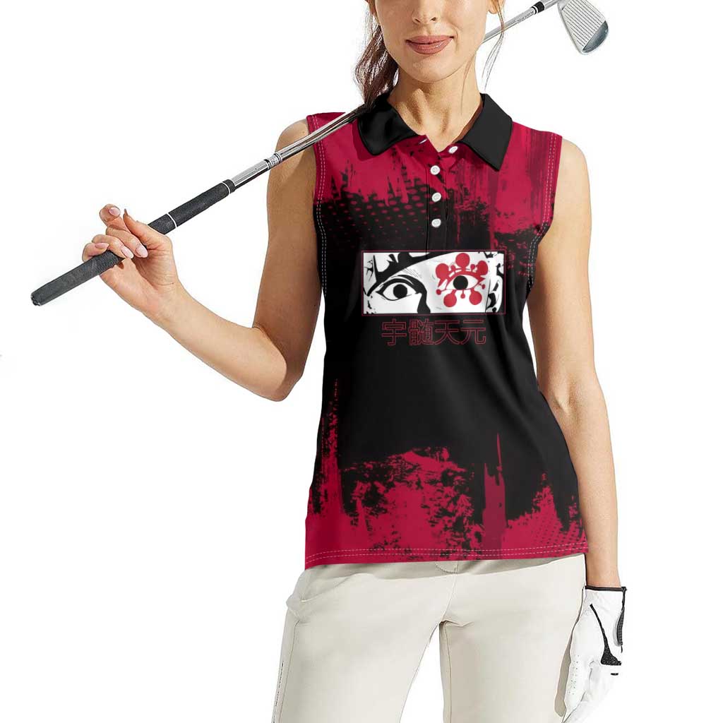Tengen Uzui Demon Slayer Flashy Red Grunge Design Women Sleeveless Polo Shirt with Eye Detail and Dual Sword Pose - The Mazicc