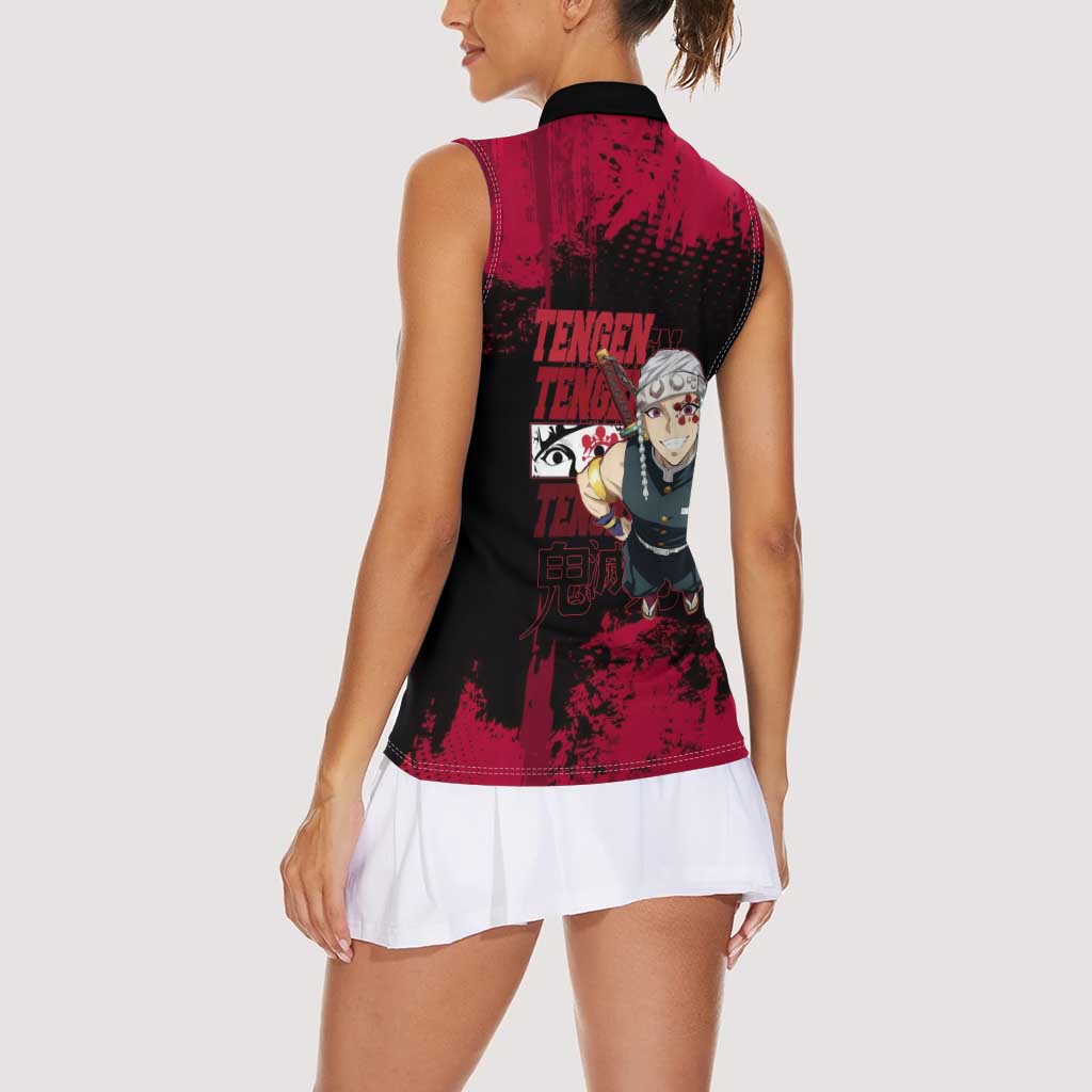 Tengen Uzui Demon Slayer Flashy Red Grunge Design Women Sleeveless Polo Shirt with Eye Detail and Dual Sword Pose - The Mazicc