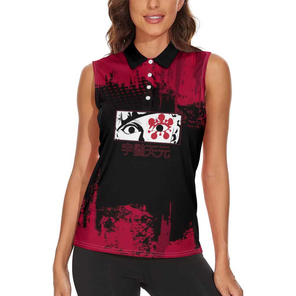 Tengen Uzui Demon Slayer Flashy Red Grunge Design Women Sleeveless Polo Shirt with Eye Detail and Dual Sword Pose - The Mazicc
