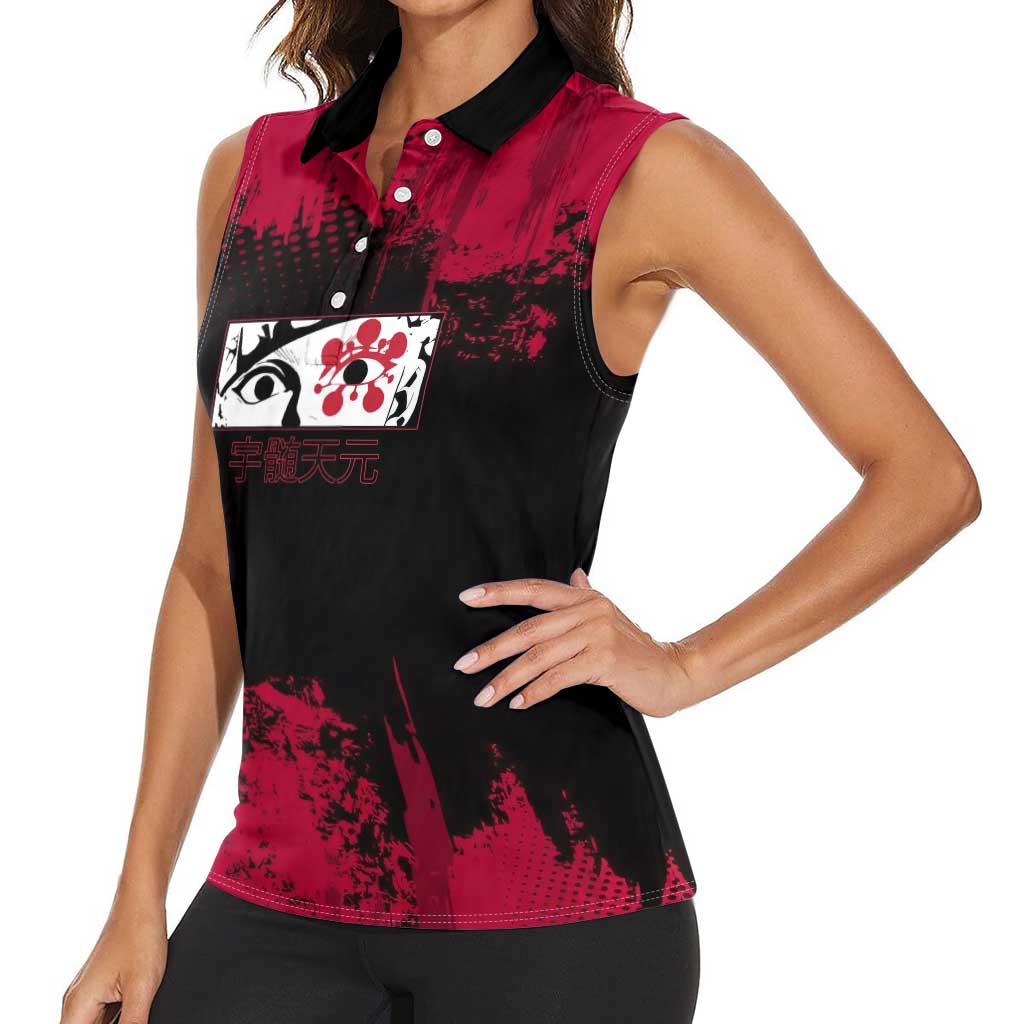 Tengen Uzui Demon Slayer Flashy Red Grunge Design Women Sleeveless Polo Shirt with Eye Detail and Dual Sword Pose - The Mazicc