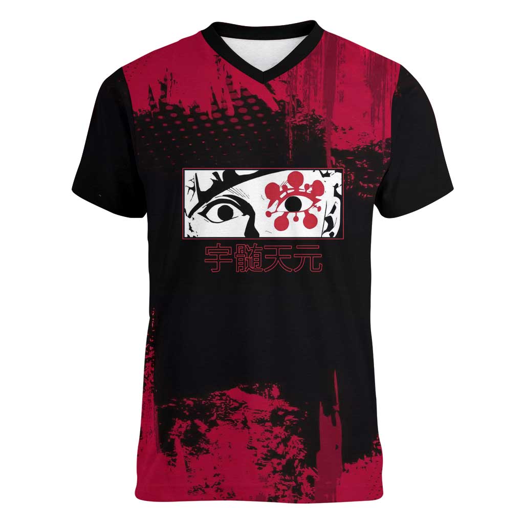 Tengen Uzui Demon Slayer Flashy Red Grunge Design Women V-Neck T-Shirt with Eye Detail and Dual Sword Pose - The Mazicc