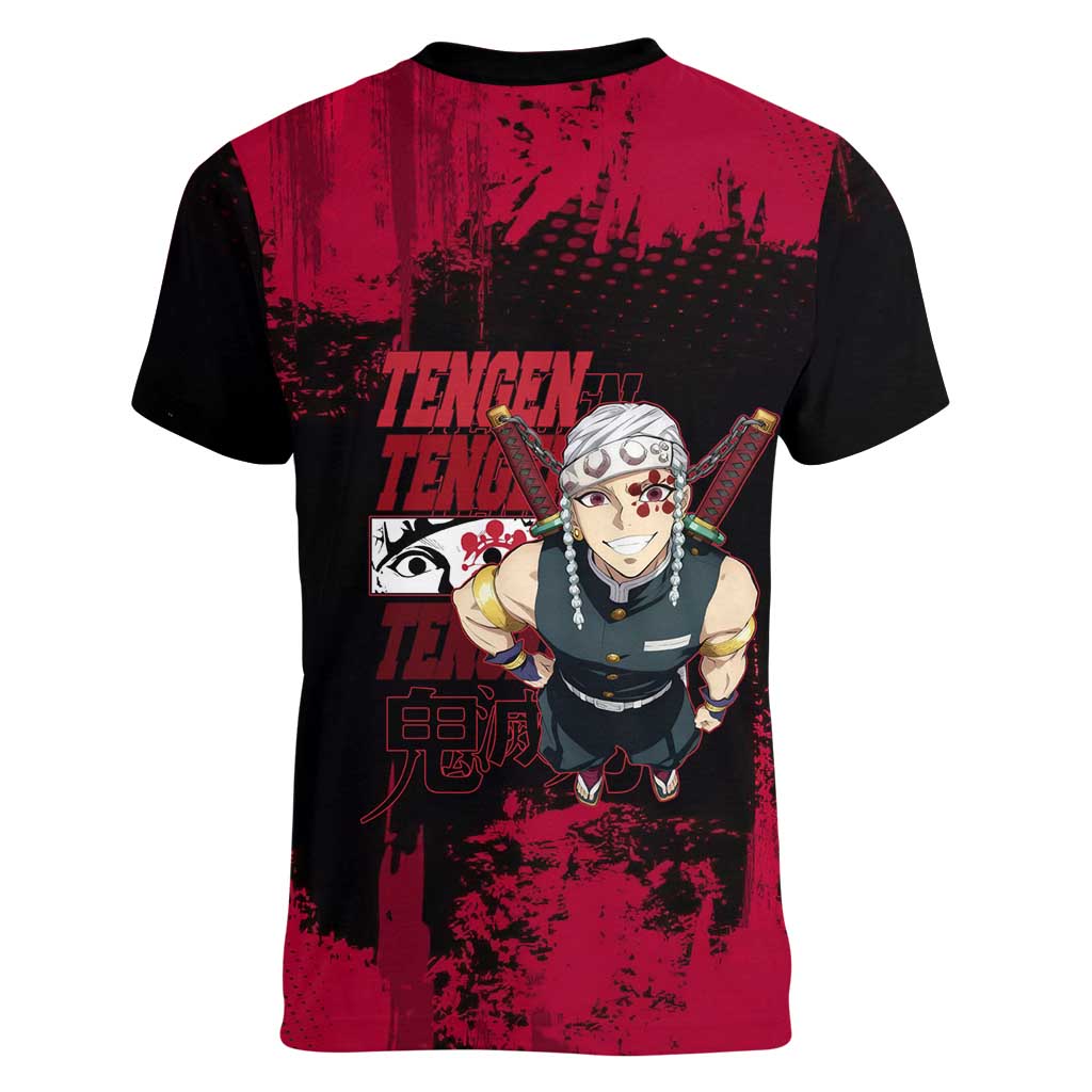 Tengen Uzui Demon Slayer Flashy Red Grunge Design Women V-Neck T-Shirt with Eye Detail and Dual Sword Pose - The Mazicc