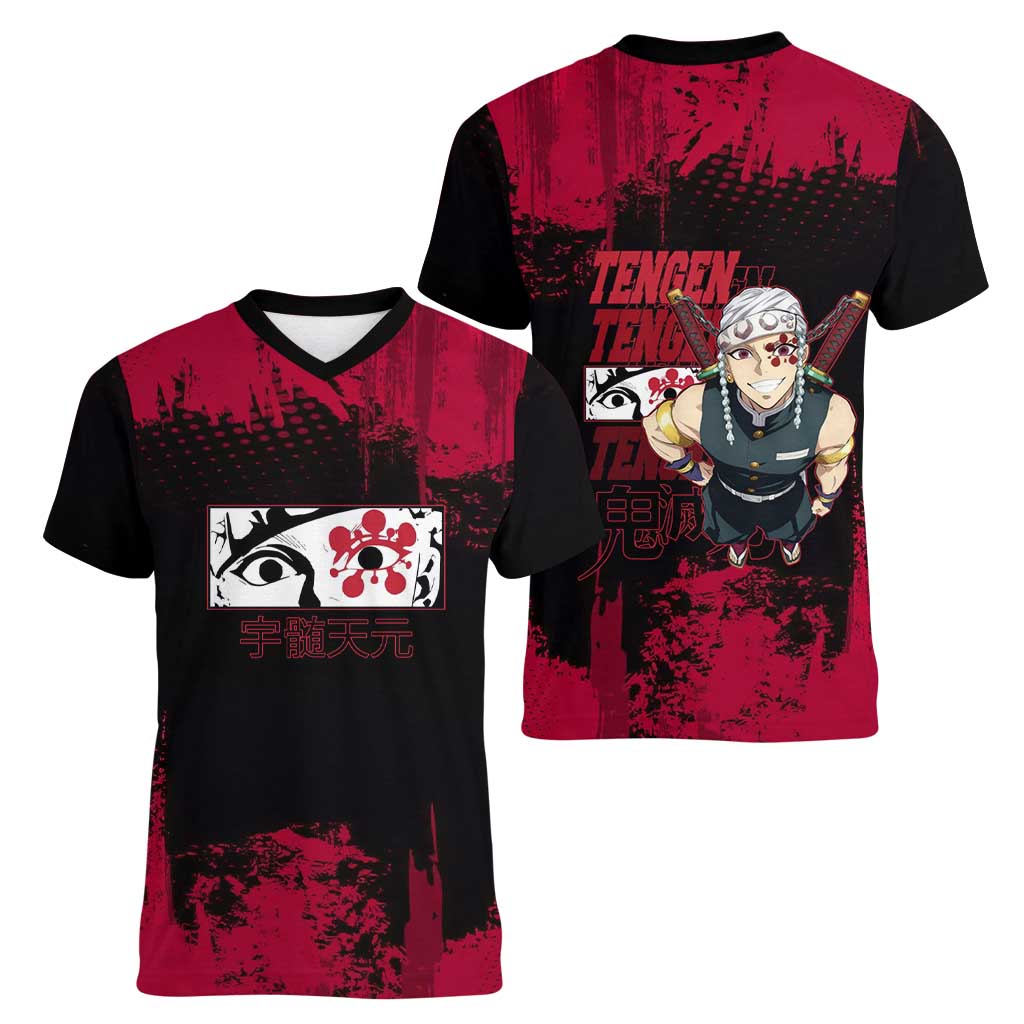 Tengen Uzui Demon Slayer Flashy Red Grunge Design Women V-Neck T-Shirt with Eye Detail and Dual Sword Pose - The Mazicc