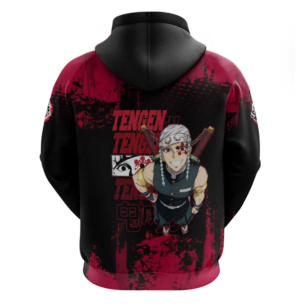 Tengen Uzui Demon Slayer Flashy Red Grunge Design Zip Hoodie with Eye Detail and Dual Sword Pose - The Mazicc