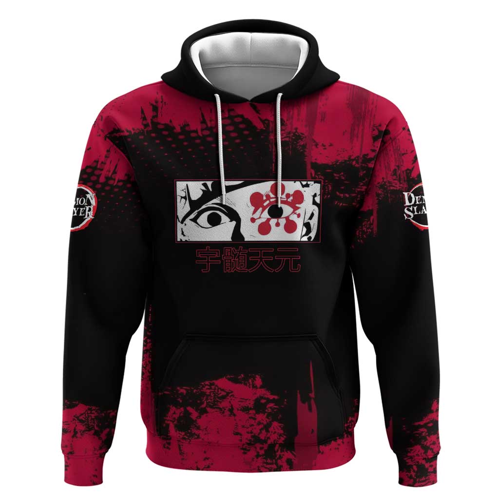 Tengen Uzui Demon Slayer Flashy Red Grunge Design Zip Hoodie with Eye Detail and Dual Sword Pose - The Mazicc