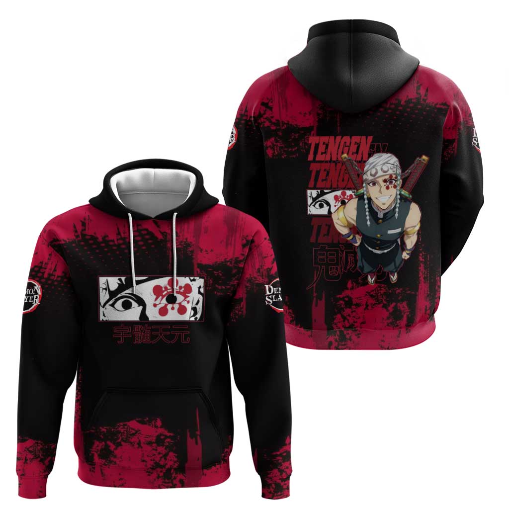 Tengen Uzui Demon Slayer Flashy Red Grunge Design Zip Hoodie with Eye Detail and Dual Sword Pose - The Mazicc