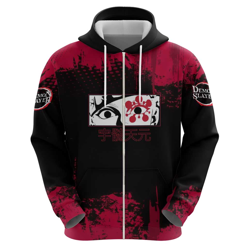 Tengen Uzui Demon Slayer Flashy Red Grunge Design Zip Hoodie with Eye Detail and Dual Sword Pose - The Mazicc