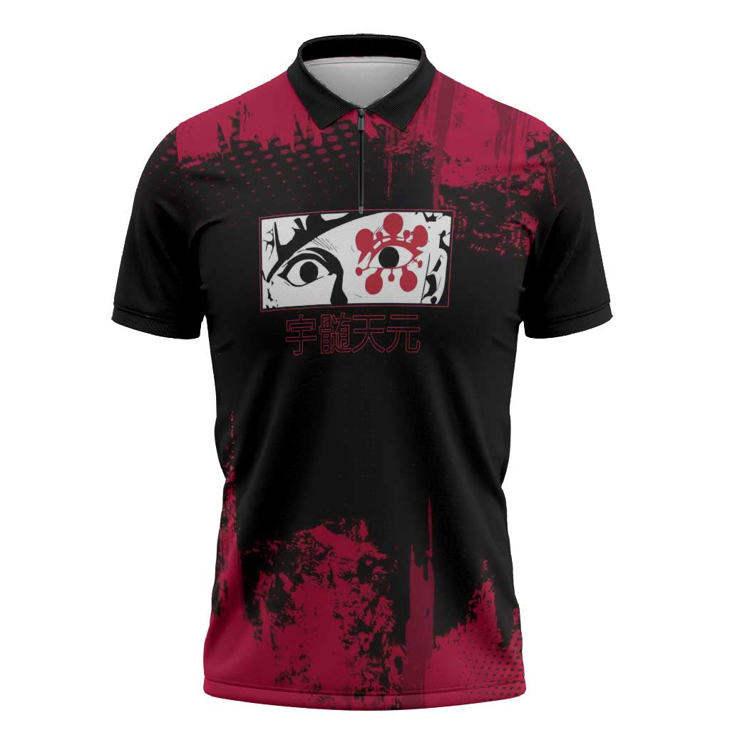 Tengen Uzui Demon Slayer Flashy Red Grunge Design Zipper Polo Shirt with Eye Detail and Dual Sword Pose - The Mazicc
