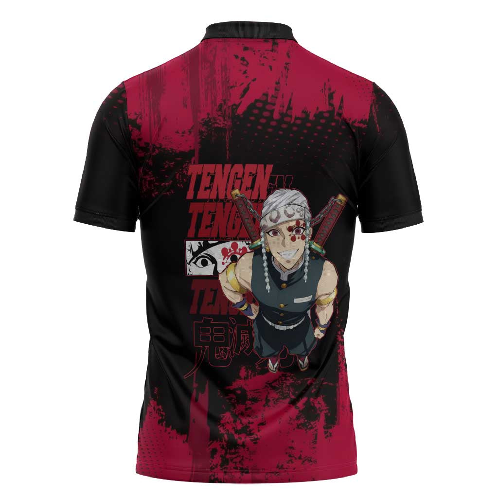 Tengen Uzui Demon Slayer Flashy Red Grunge Design Zipper Polo Shirt with Eye Detail and Dual Sword Pose - The Mazicc