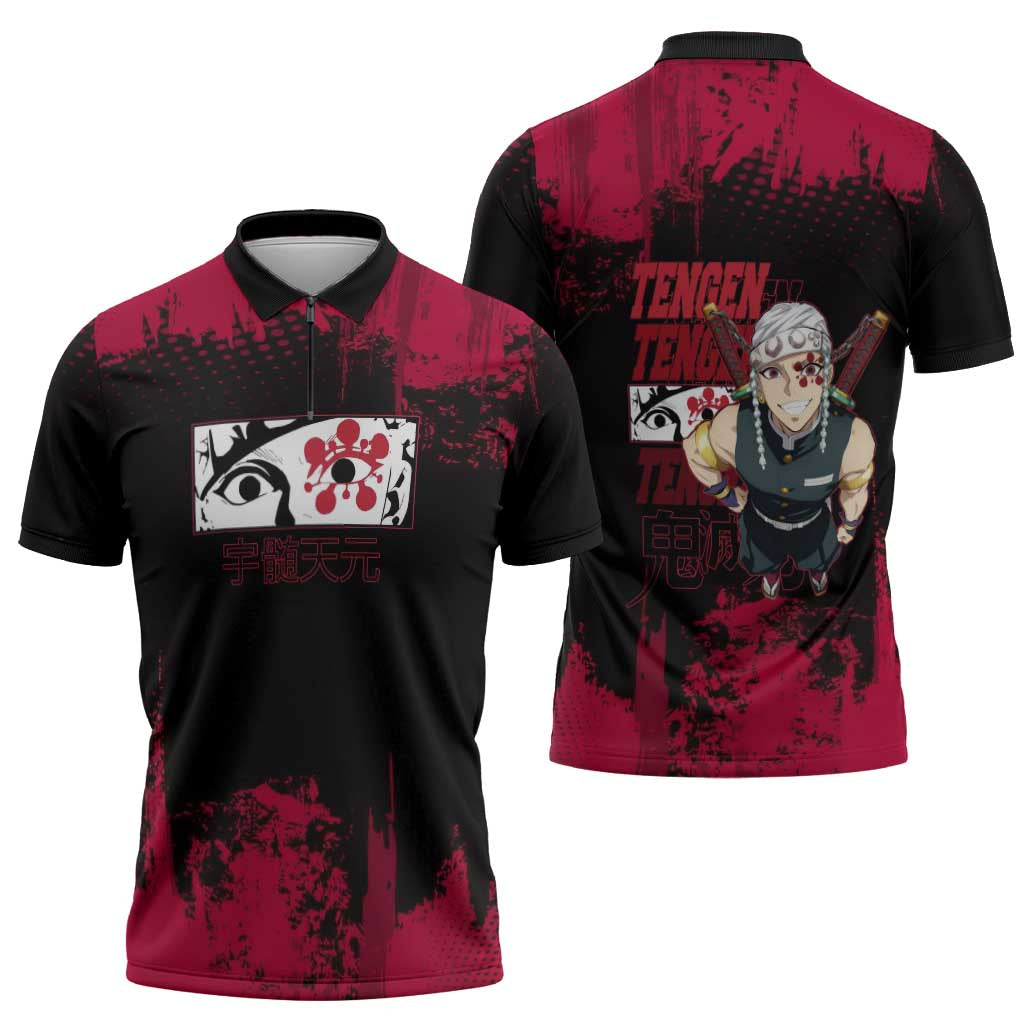 Tengen Uzui Demon Slayer Flashy Red Grunge Design Zipper Polo Shirt with Eye Detail and Dual Sword Pose - The Mazicc