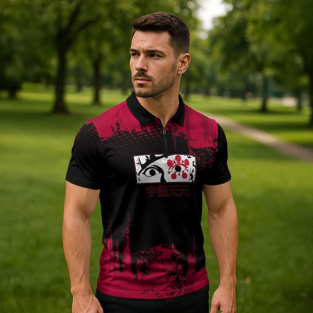 Tengen Uzui Demon Slayer Flashy Red Grunge Design Zipper Polo Shirt with Eye Detail and Dual Sword Pose - The Mazicc