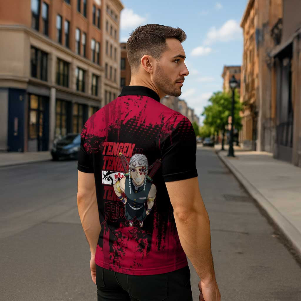 Tengen Uzui Demon Slayer Flashy Red Grunge Design Zipper Polo Shirt with Eye Detail and Dual Sword Pose - The Mazicc