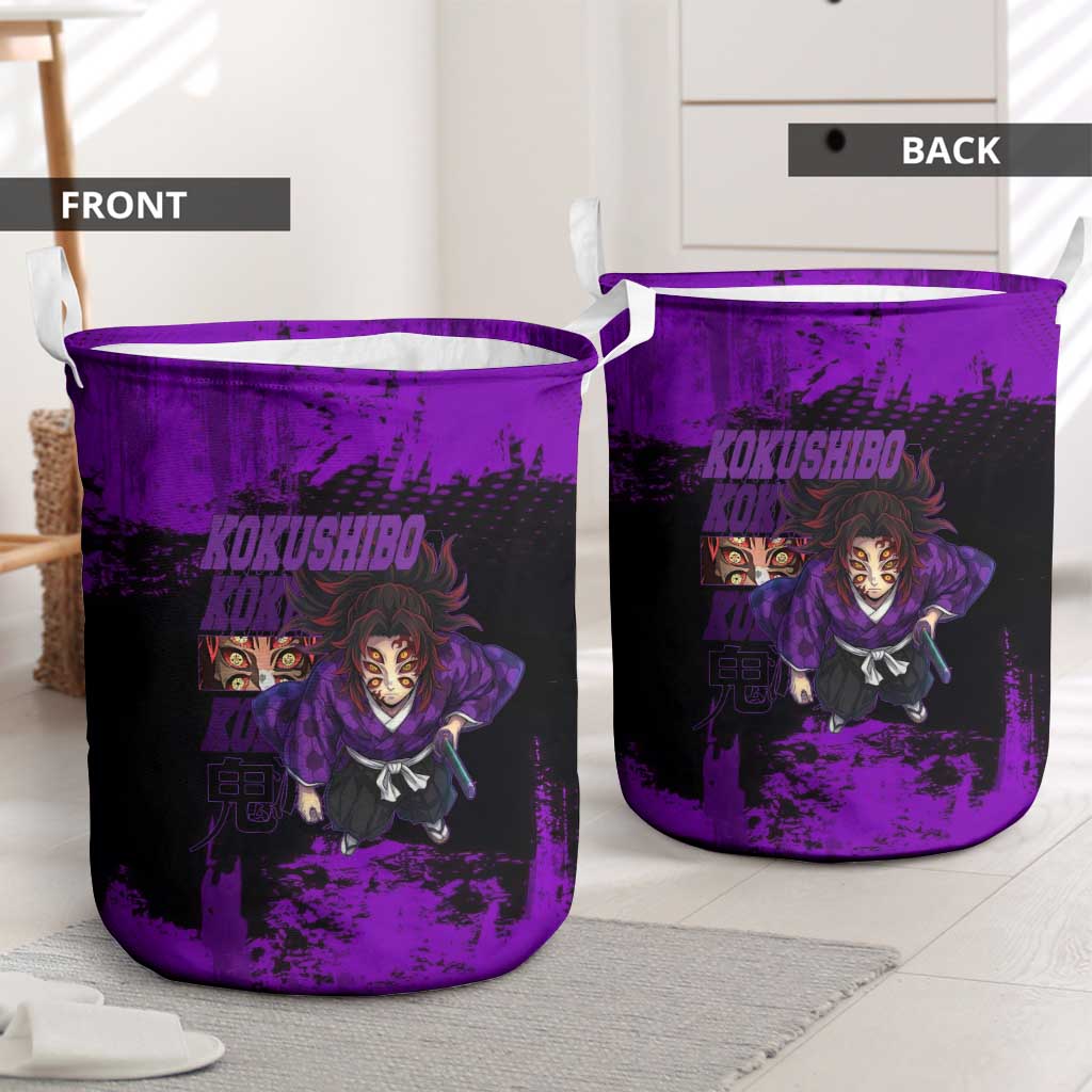 Kokushibo Demon Slayer Purple Grunge Design Laundry Basket with Six Eyes Detail and Sword Pose - The Mazicc