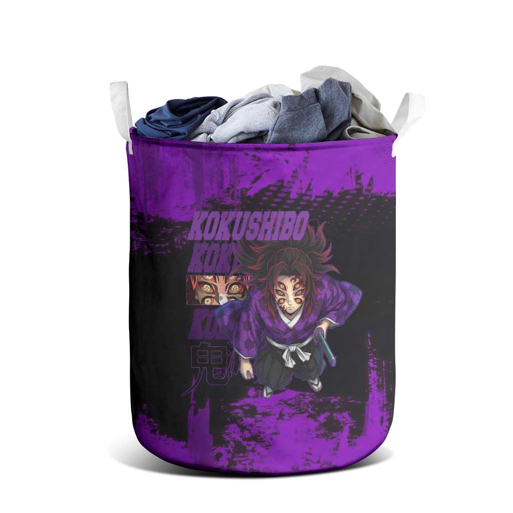 Kokushibo Demon Slayer Purple Grunge Design Laundry Basket with Six Eyes Detail and Sword Pose - The Mazicc