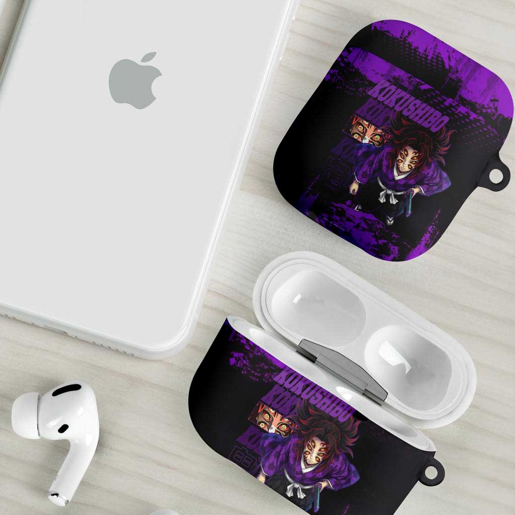 Kokushibo Demon Slayer Purple Grunge Design AirPods Case with Six Eyes Detail and Sword Pose - The Mazicc