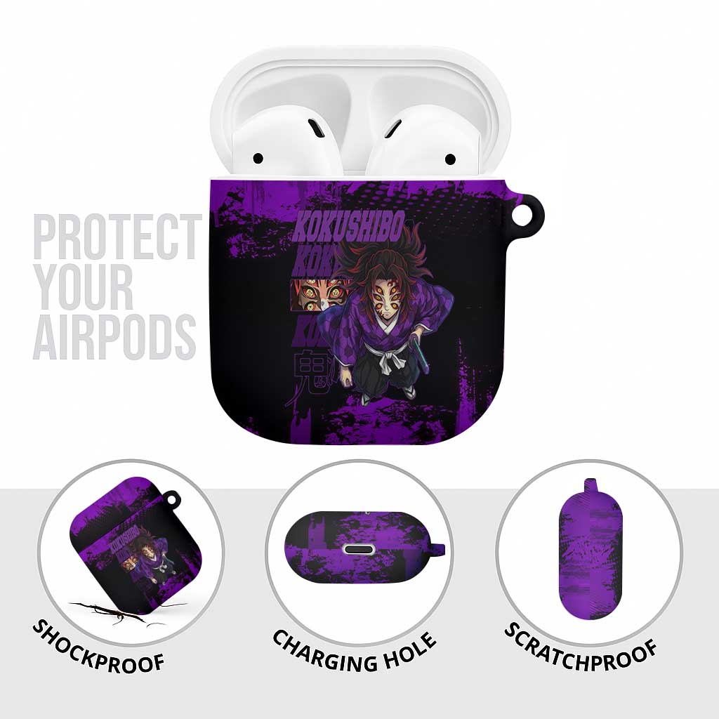 Kokushibo Demon Slayer Purple Grunge Design AirPods Case with Six Eyes Detail and Sword Pose - The Mazicc