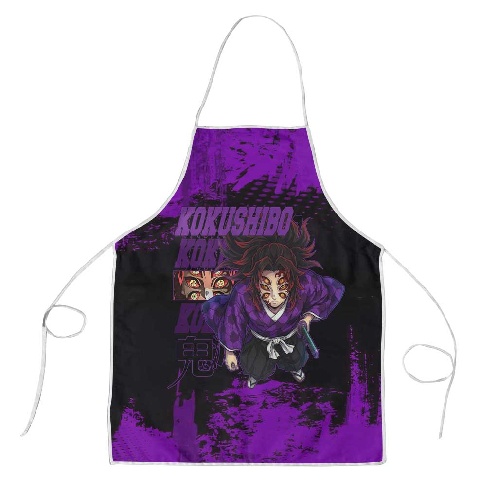 Kokushibo Demon Slayer Purple Grunge Design Apron with Six Eyes Detail and Sword Pose - The Mazicc