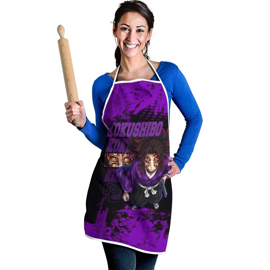Kokushibo Demon Slayer Purple Grunge Design Apron with Six Eyes Detail and Sword Pose - The Mazicc