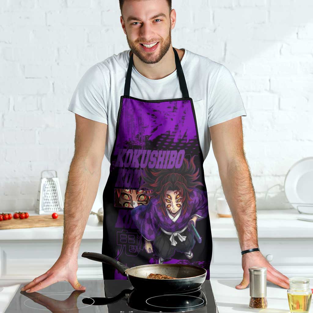 Kokushibo Demon Slayer Purple Grunge Design Apron with Six Eyes Detail and Sword Pose - The Mazicc