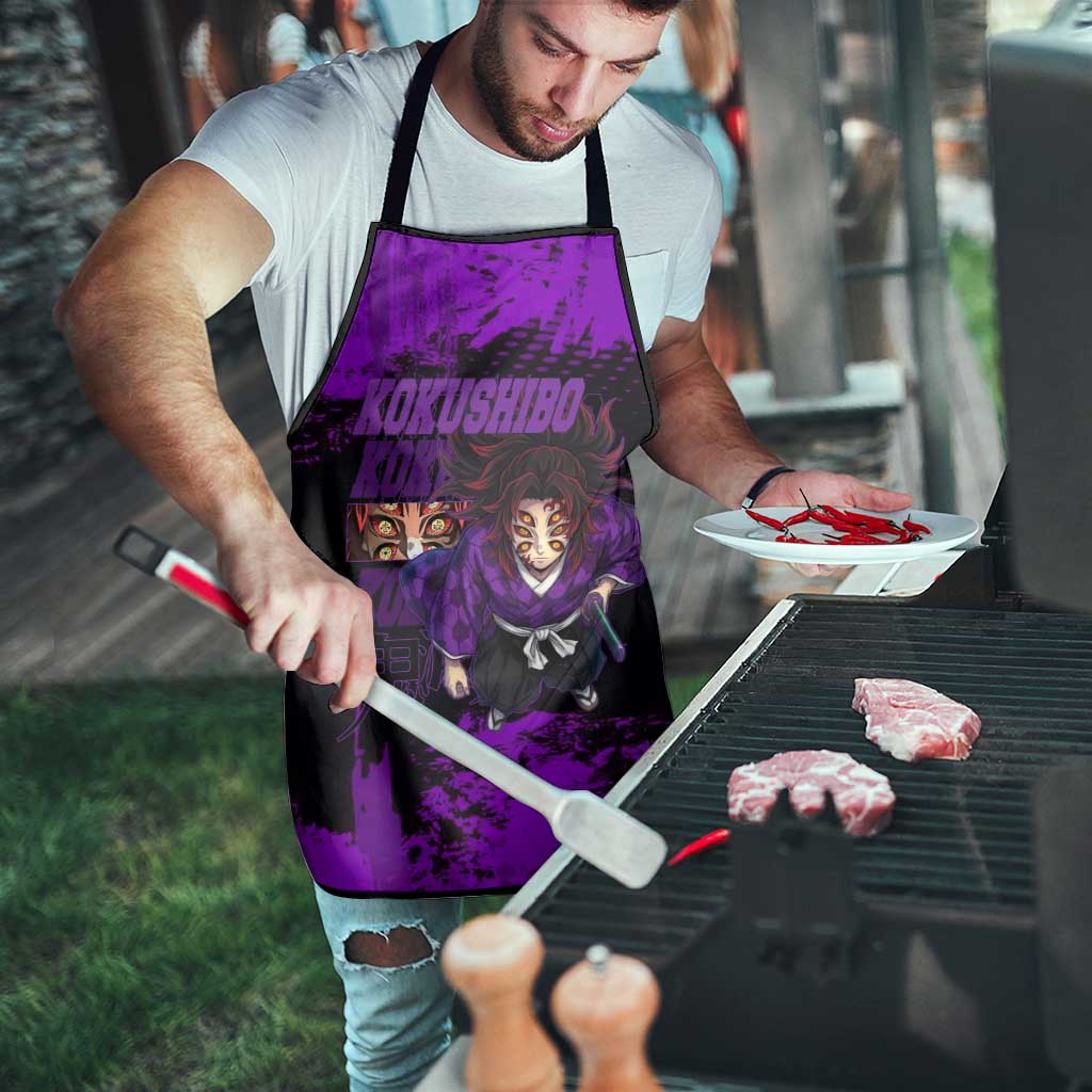 Kokushibo Demon Slayer Purple Grunge Design Apron with Six Eyes Detail and Sword Pose - The Mazicc