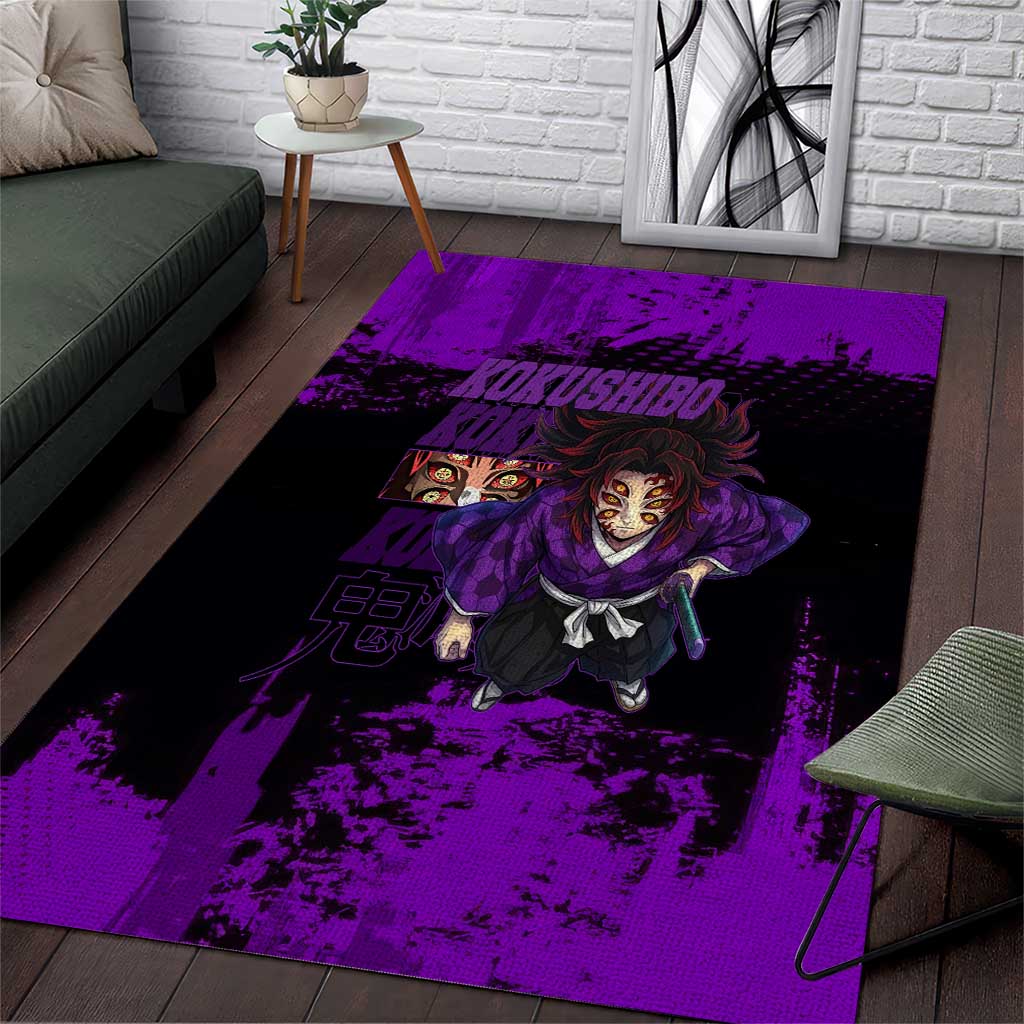 Kokushibo Demon Slayer Purple Grunge Design Area Rug with Six Eyes Detail and Sword Pose - The Mazicc