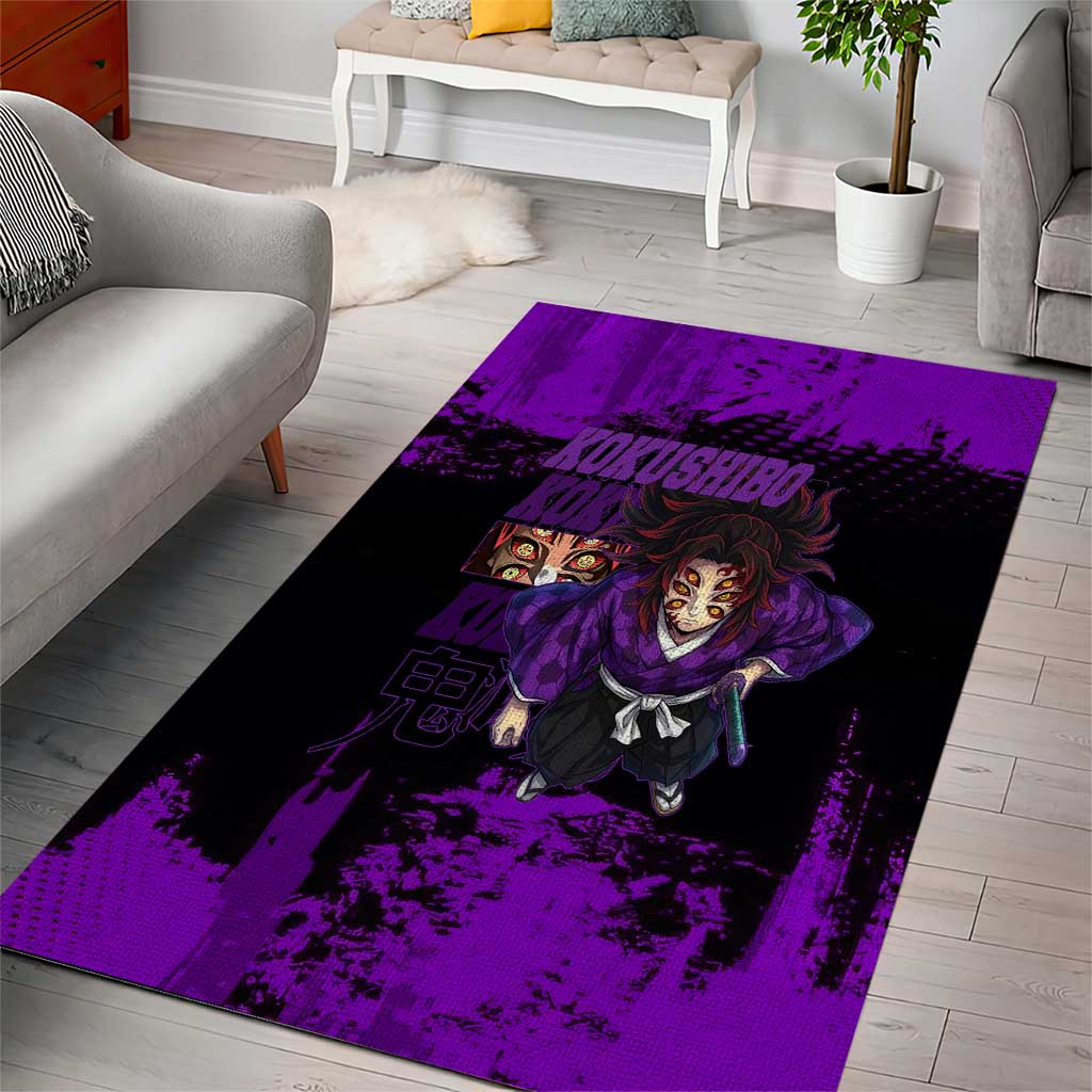 Kokushibo Demon Slayer Purple Grunge Design Area Rug with Six Eyes Detail and Sword Pose - The Mazicc