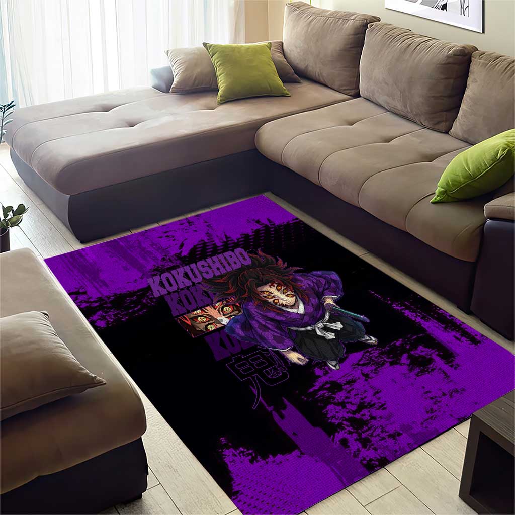 Kokushibo Demon Slayer Purple Grunge Design Area Rug with Six Eyes Detail and Sword Pose - The Mazicc