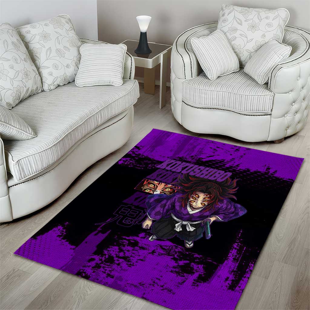Kokushibo Demon Slayer Purple Grunge Design Area Rug with Six Eyes Detail and Sword Pose - The Mazicc