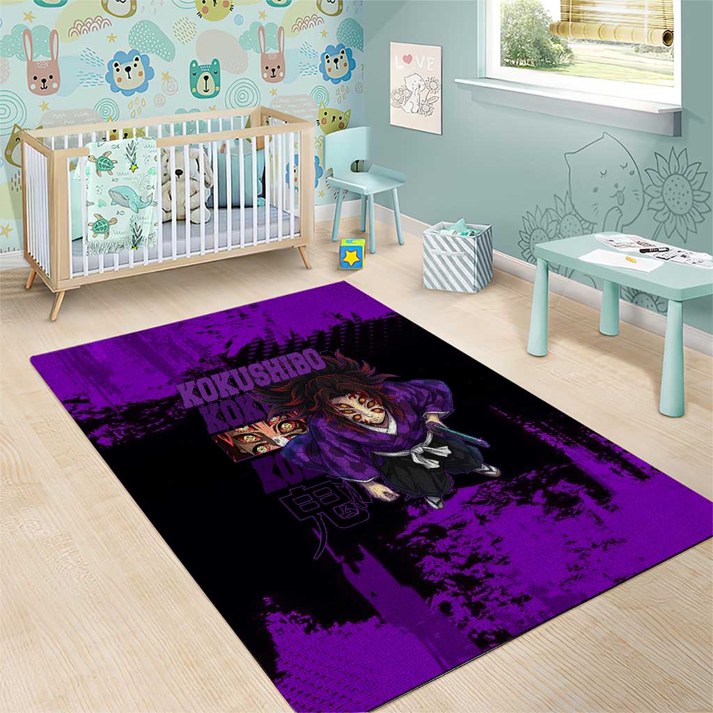 Kokushibo Demon Slayer Purple Grunge Design Area Rug with Six Eyes Detail and Sword Pose - The Mazicc