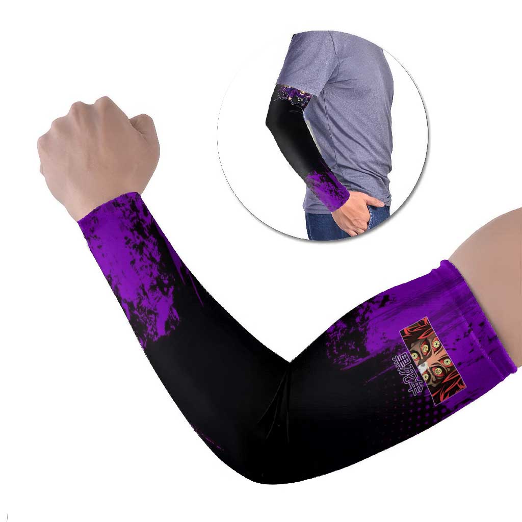 Kokushibo Demon Slayer Purple Grunge Design Arm Sleeves with Six Eyes Detail and Sword Pose - The Mazicc