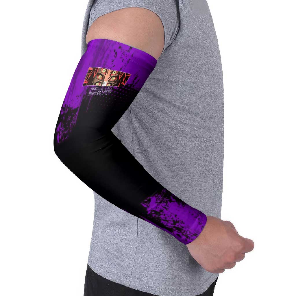 Kokushibo Demon Slayer Purple Grunge Design Arm Sleeves with Six Eyes Detail and Sword Pose - The Mazicc