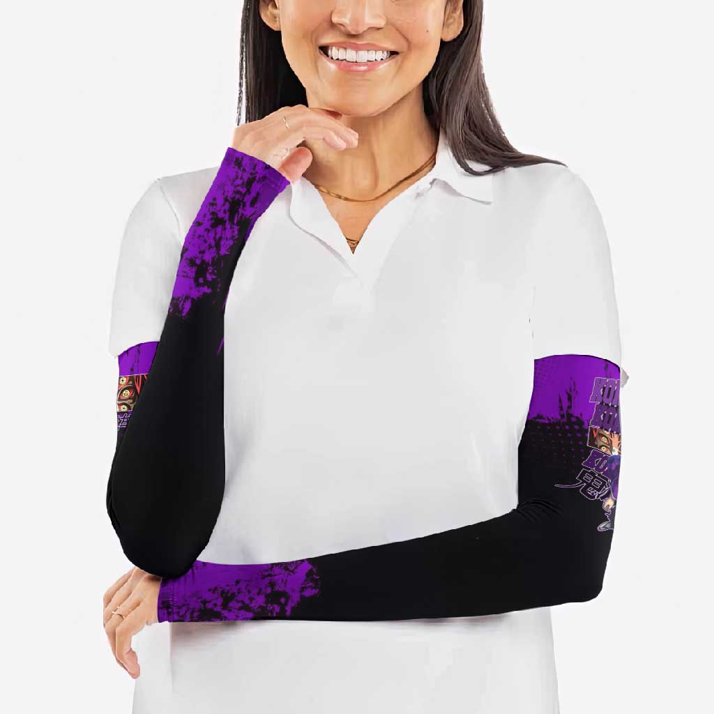Kokushibo Demon Slayer Purple Grunge Design Arm Sleeves with Six Eyes Detail and Sword Pose - The Mazicc