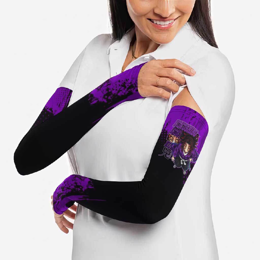 Kokushibo Demon Slayer Purple Grunge Design Arm Sleeves with Six Eyes Detail and Sword Pose - The Mazicc