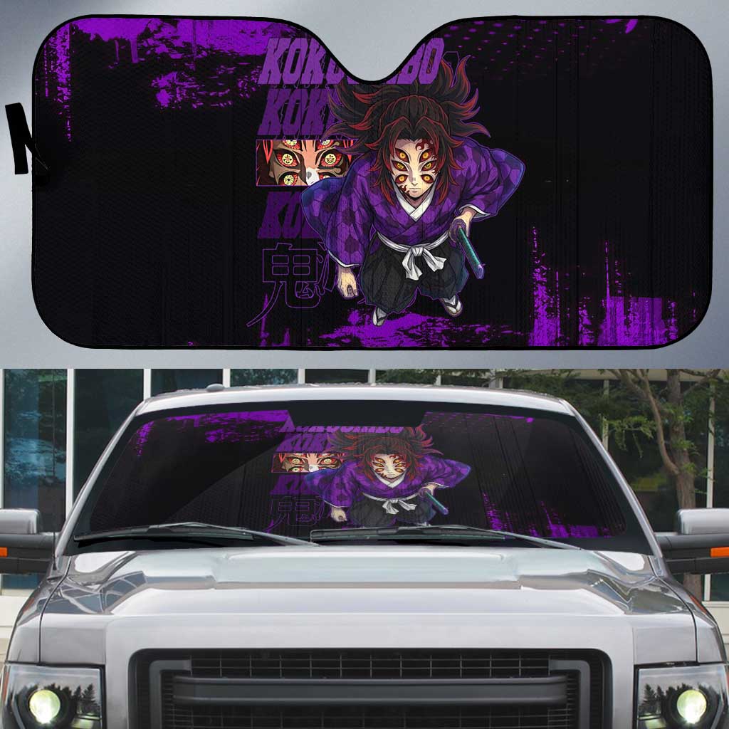 Kokushibo Demon Slayer Purple Grunge Design Auto Sun Shade with Six Eyes Detail and Sword Pose - The Mazicc