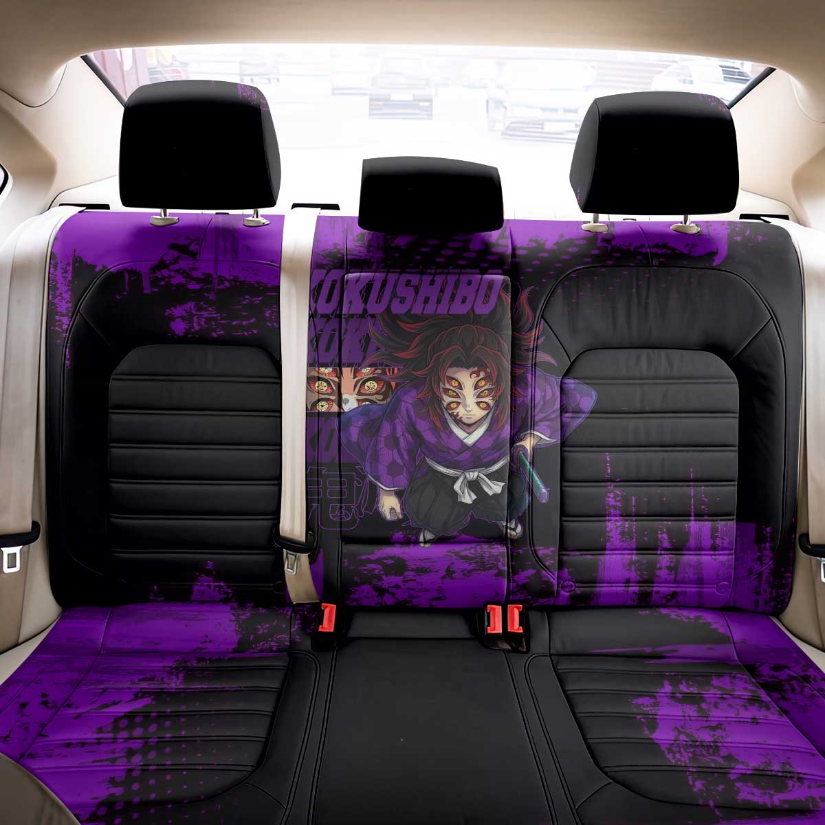 Kokushibo Demon Slayer Purple Grunge Design Back Car Seat Cover with Six Eyes Detail and Sword Pose - The Mazicc