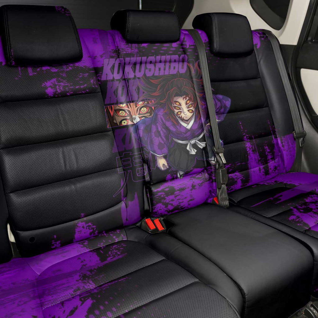 Kokushibo Demon Slayer Purple Grunge Design Back Car Seat Cover with Six Eyes Detail and Sword Pose - The Mazicc